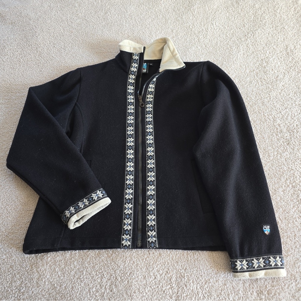 Kuhl Alf Full-zip Bergan Wool Jacket Black Nordic Snowflake Trim Size M